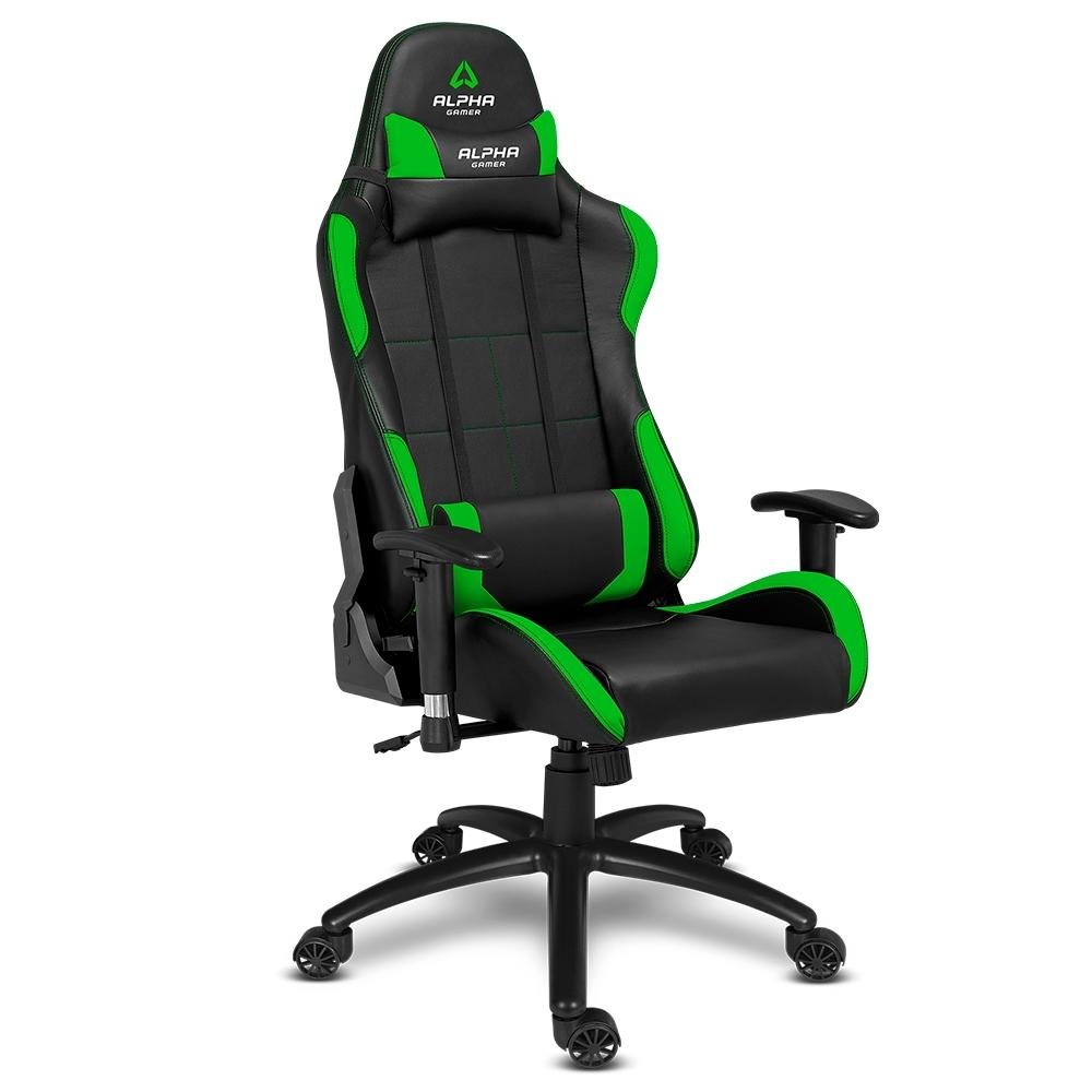 Cadeira Gamer Alpha Gamer Vega, Até 130Kg, Cilindro de Gás 4, Braço Ajustável, Preto e Verde