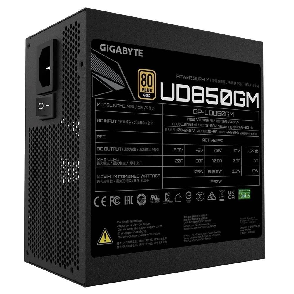 Fonte Gigabyte Ultra Durable UD850GM, 850W, 80 Plus Gold, Modular, PFC Ativo, Com Cabo, Preto - GP-UD850GM