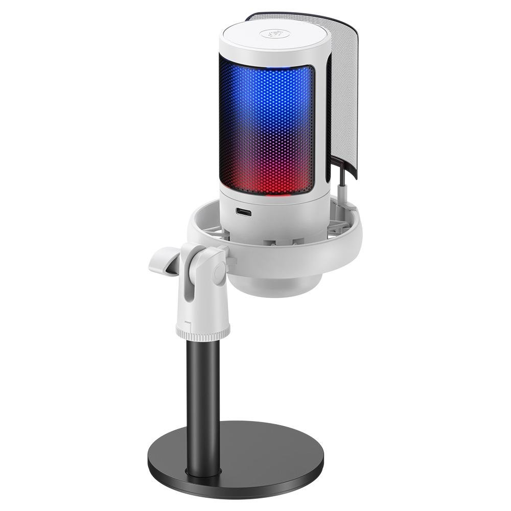 Microfone Gamer Force One Hero, RGB, Botão De Mute, USB, Cardicóide ou Unidirecional, Branco - FR.MC.HE.01