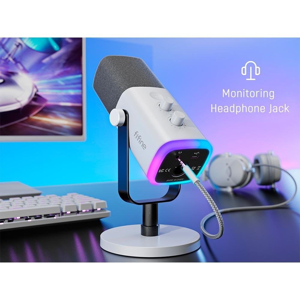 Microfone Dinâmico Gamer Fifine Ampligame, RGB, Cardióide, USB-C, Anti-Ruído, Para Streaming, Branco - AM8W