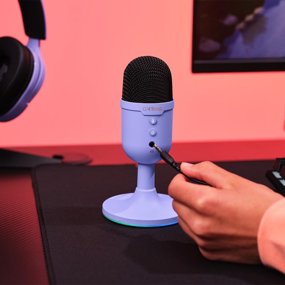 Microfone Gamer de Mesa Trust Yunix GXT 234P, RGB, Compatível com PC, USB, Roxo - 25375
