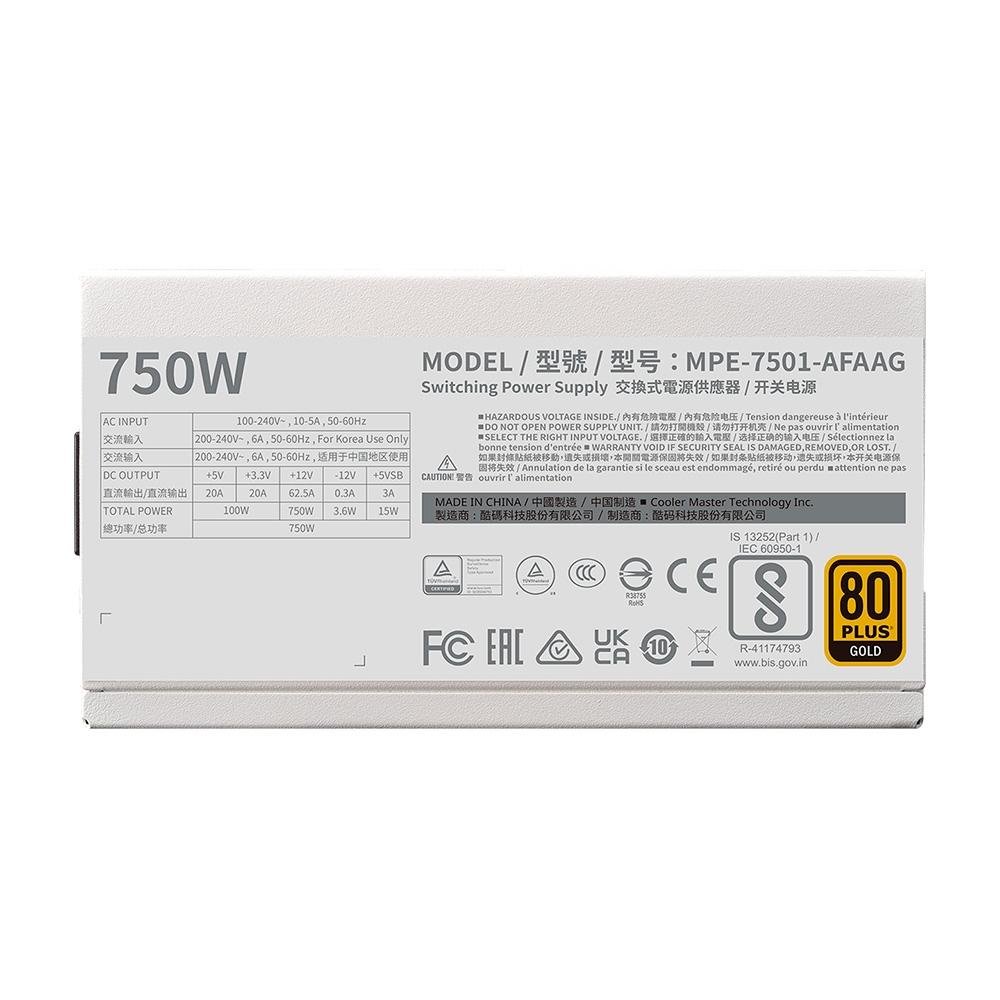 Fonte Cooler Master MWE Gold V2 FM, 750W, 80 Plus Gold, Modular, PFC Ativo, Sem Cabo, Branco - MPE-7501-AFAAG-3GWO