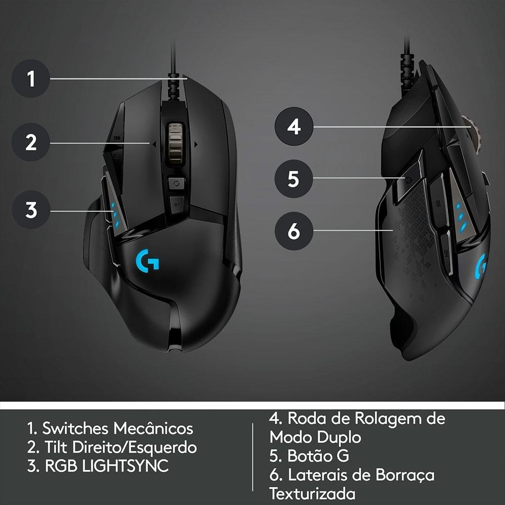 Mouse Gamer Logitech G502 HERO com RGB LIGHTSYNC, Ajustes de Peso, 11 Botões Programáveis, Sensor HERO 25K - 910-005550