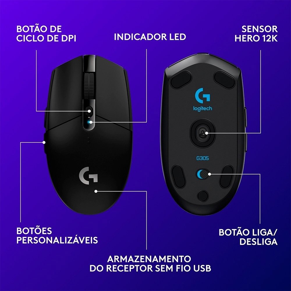 Mouse Gamer Sem Fio Logitech G305 LIGHTSPEED, 12000 DPI, 6 Botões, Preto - 910-005281