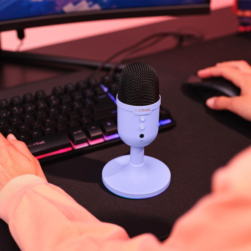 Microfone Gamer de Mesa Trust Yunix GXT 234P, RGB, Compatível com PC, USB, Roxo - 25375