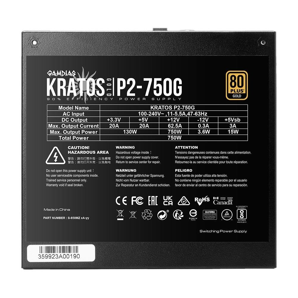 Fonte Gamdias Kratos P2 750, 750W, ARGB, 80 Plus Gold, Sem Cabo, Preto - KRATOS P2-750G L.A